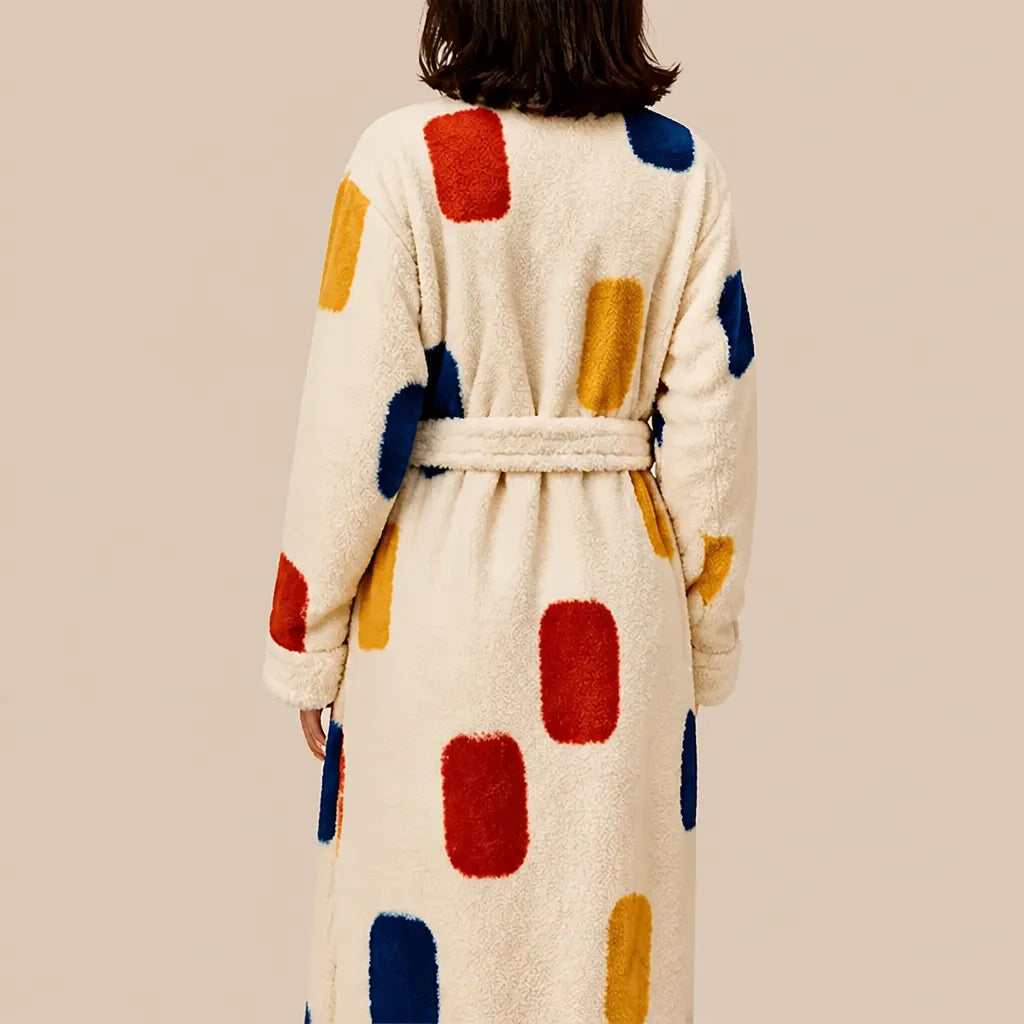 La boutique du peignoir Peignoir Femme Polaire - Long à Col Blanc, Écru à Taches Multicolores
