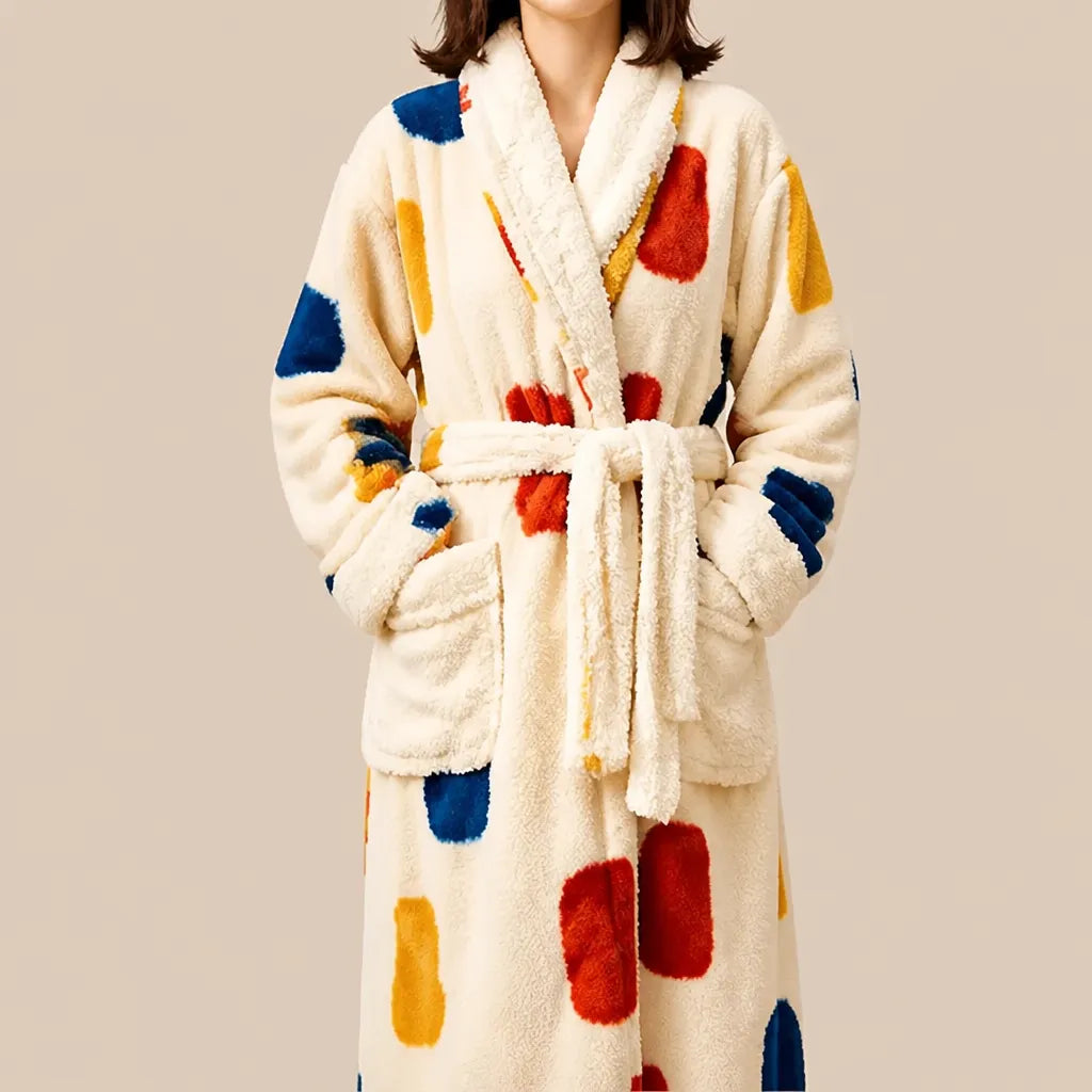 La boutique du peignoir Peignoir Femme Polaire - Long à Col Blanc, Écru à Taches Multicolores