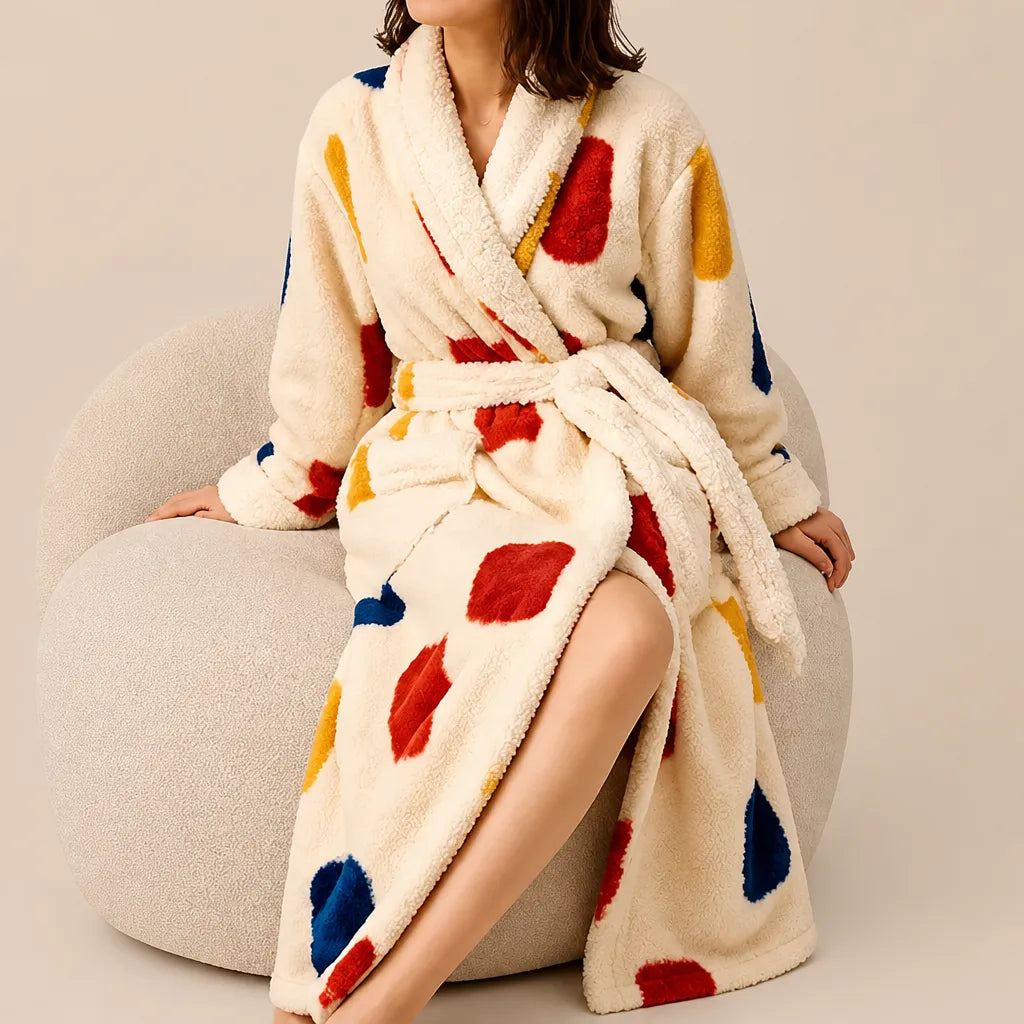 La boutique du peignoir Peignoir Femme Polaire - Long à Col Blanc, Écru à Taches Multicolores