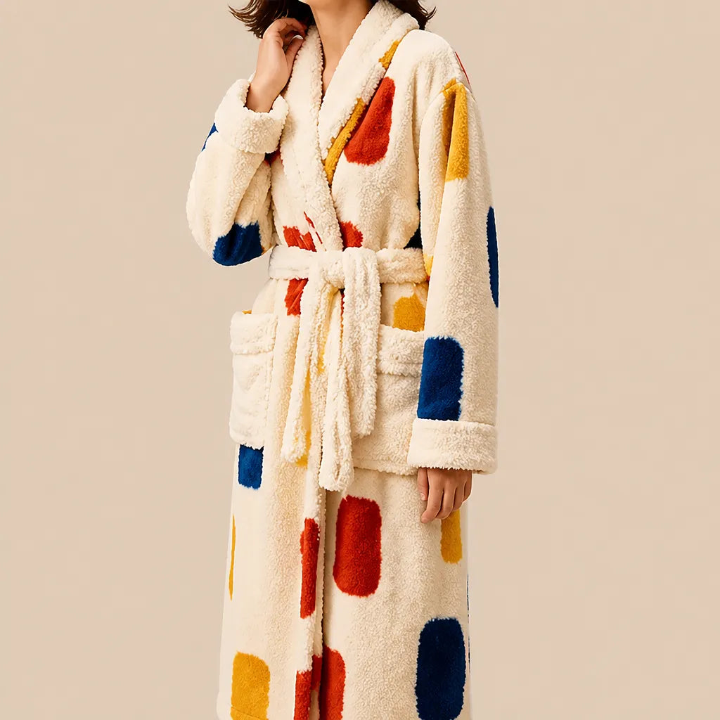 La boutique du peignoir Peignoir Femme Polaire - Long à Col Blanc, Écru à Taches Multicolores