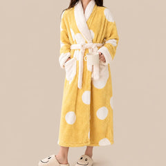La boutique du peignoir Peignoir Femme Polaire - Long à Col Blanc, Jaune à Pois