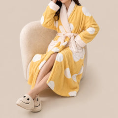 La boutique du peignoir Peignoir Femme Polaire - Long à Col Blanc, Jaune à Pois