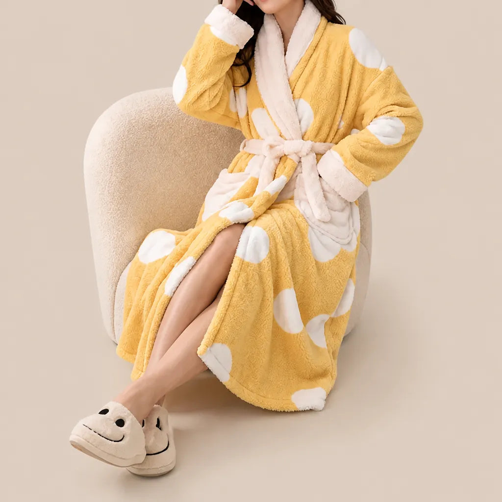 La boutique du peignoir Peignoir Femme Polaire - Long à Col Blanc, Jaune à Pois