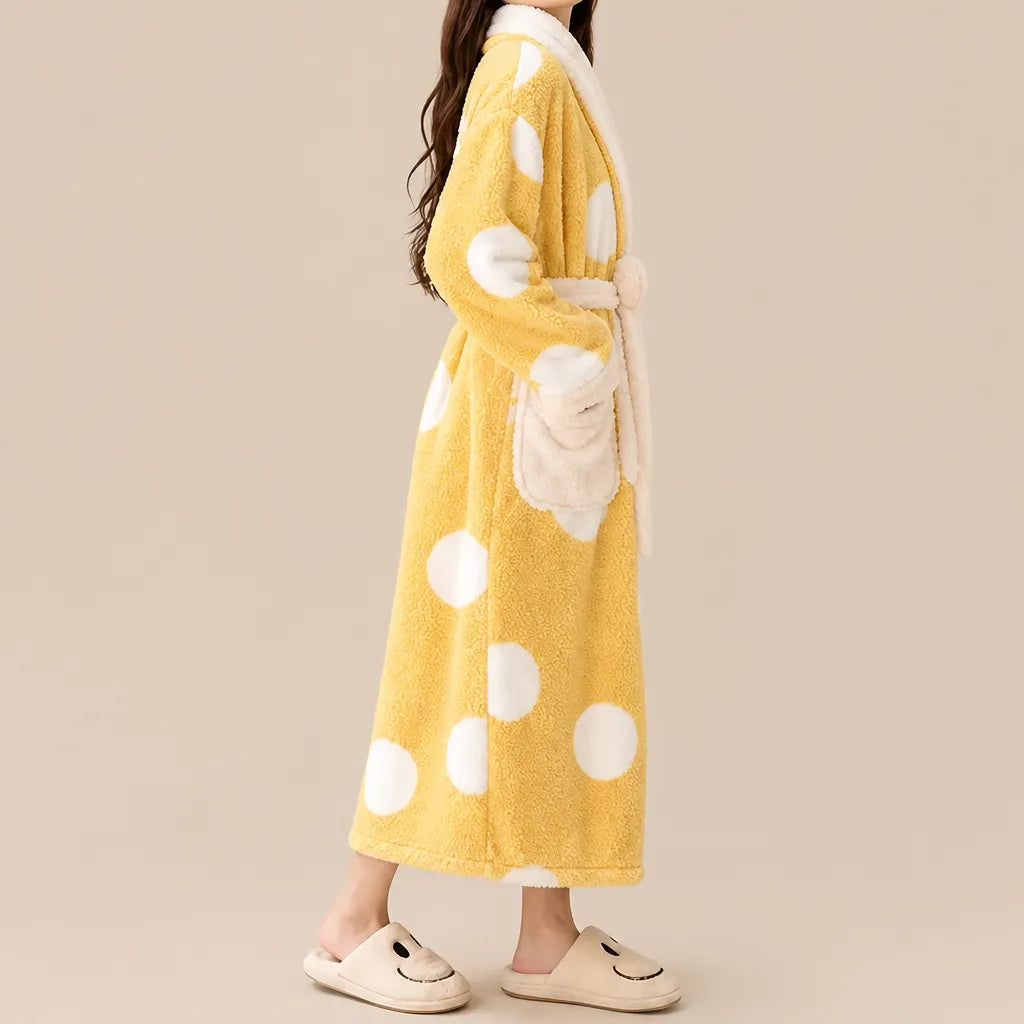 La boutique du peignoir Peignoir Femme Polaire - Long à Col Blanc, Jaune à Pois