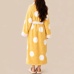 La boutique du peignoir Peignoir Femme Polaire - Long à Col Blanc, Jaune à Pois