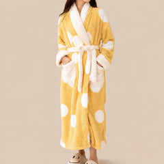 La boutique du peignoir Peignoir Femme Polaire - Long à Col Blanc, Jaune à Pois