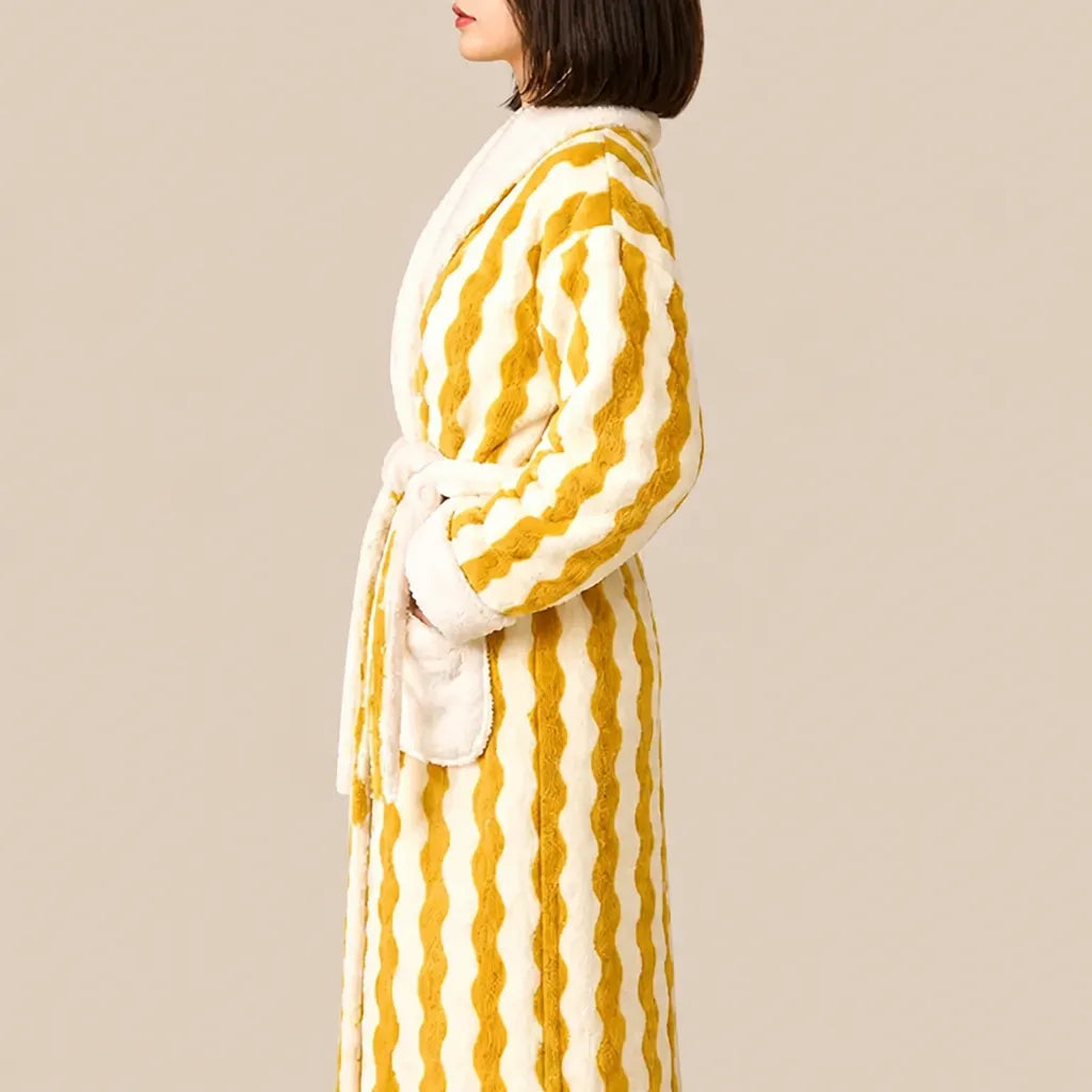 La boutique du peignoir Peignoir Femme Polaire - Long à Col Blanc, Jaune à Rayures Ondulées