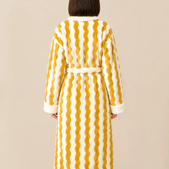 La boutique du peignoir Peignoir Femme Polaire - Long à Col Blanc, Jaune à Rayures Ondulées