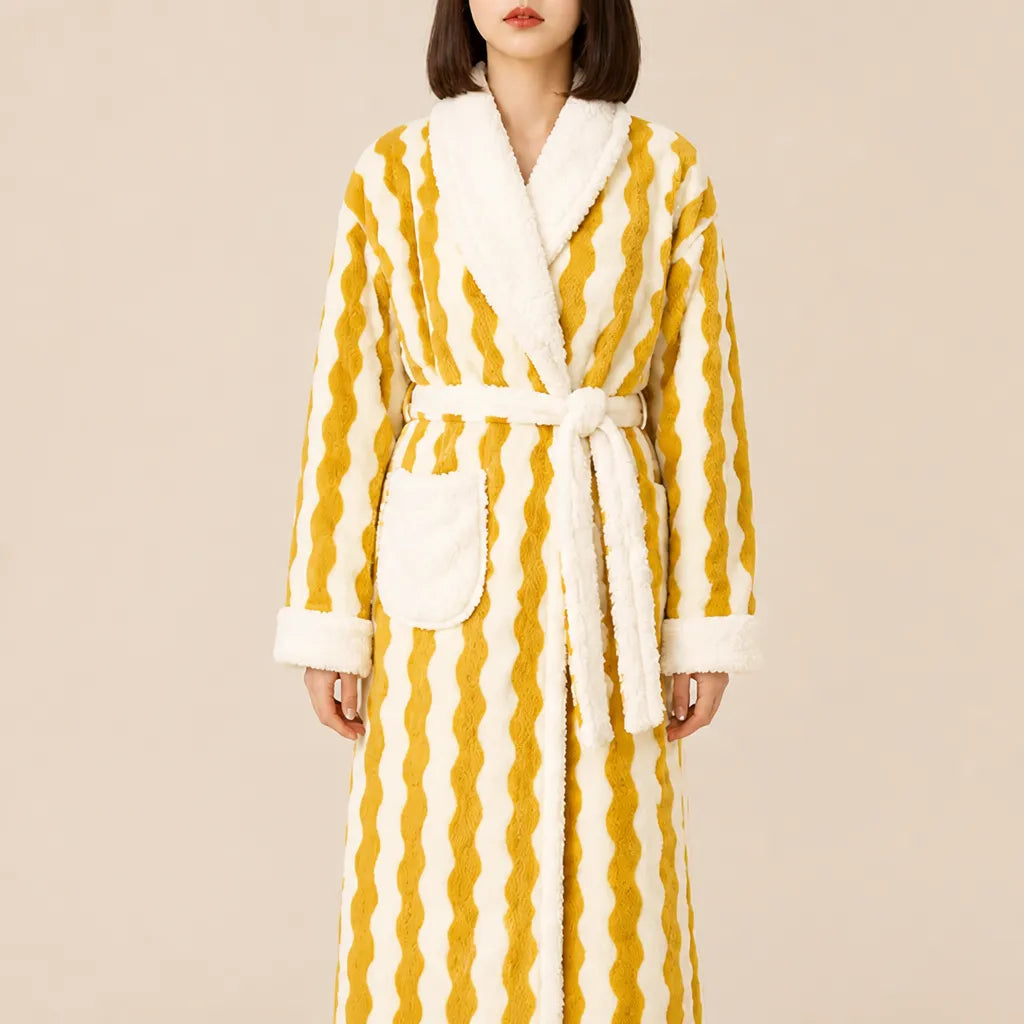 La boutique du peignoir Peignoir Femme Polaire - Long à Col Blanc, Jaune à Rayures Ondulées