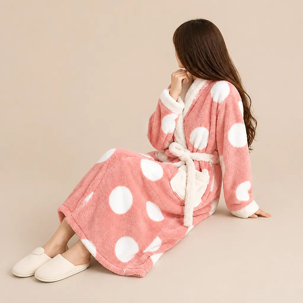 La boutique du peignoir Peignoir Femme Polaire - Long à Col Blanc, Rose à Pois