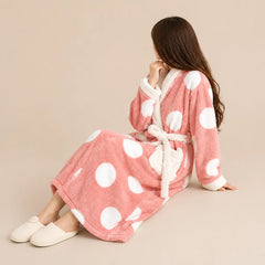 La boutique du peignoir Peignoir Femme Polaire - Long à Col Blanc, Rose à Pois