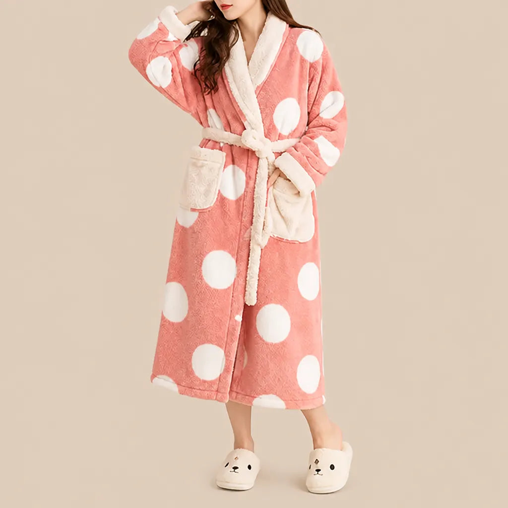 La boutique du peignoir Peignoir Femme Polaire - Long à Col Blanc, Rose à Pois