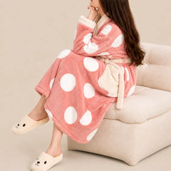 La boutique du peignoir Peignoir Femme Polaire - Long à Col Blanc, Rose à Pois