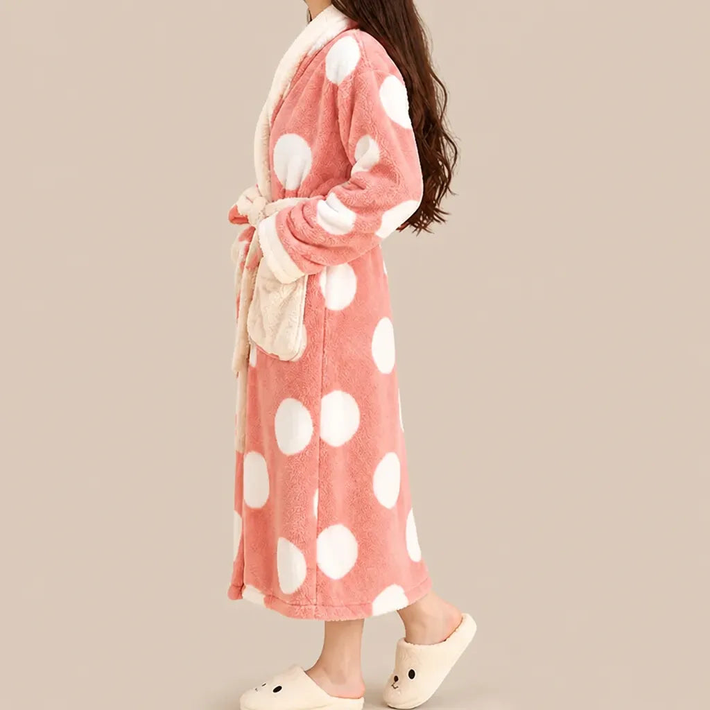 La boutique du peignoir Peignoir Femme Polaire - Long à Col Blanc, Rose à Pois