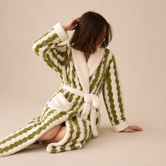 La boutique du peignoir Peignoir Femme Polaire - Long à Col Blanc, Vert à Rayures Ondulées