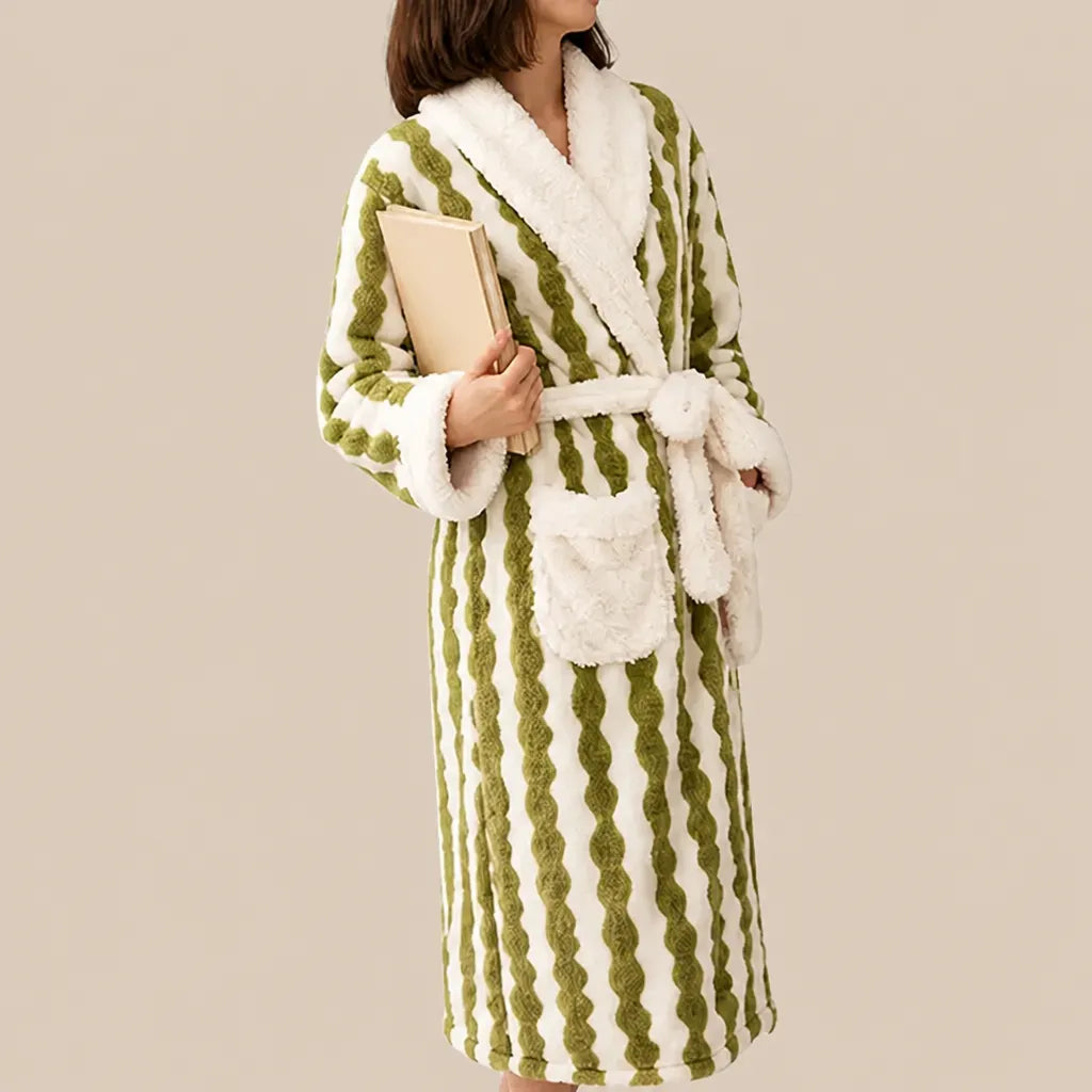 La boutique du peignoir Peignoir Femme Polaire - Long à Col Blanc, Vert à Rayures Ondulées