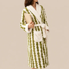 La boutique du peignoir Peignoir Femme Polaire - Long à Col Blanc, Vert à Rayures Ondulées