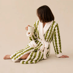 La boutique du peignoir Peignoir Femme Polaire - Long à Col Blanc, Vert à Rayures Ondulées
