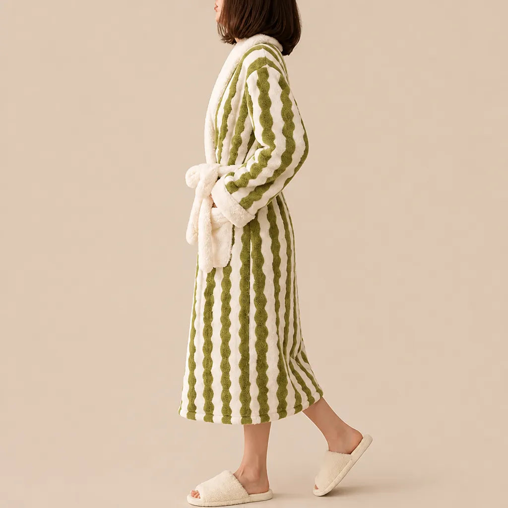 La boutique du peignoir Peignoir Femme Polaire - Long à Col Blanc, Vert à Rayures Ondulées