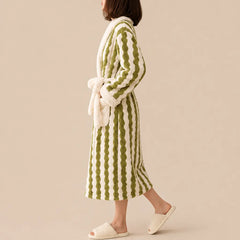 La boutique du peignoir Peignoir Femme Polaire - Long à Col Blanc, Vert à Rayures Ondulées