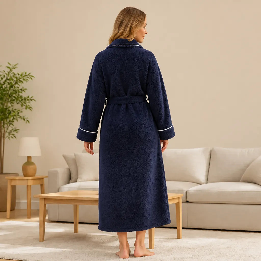 La boutique du peignoir Peignoir Femme Polaire - Long à Liseré, Bleu Marine