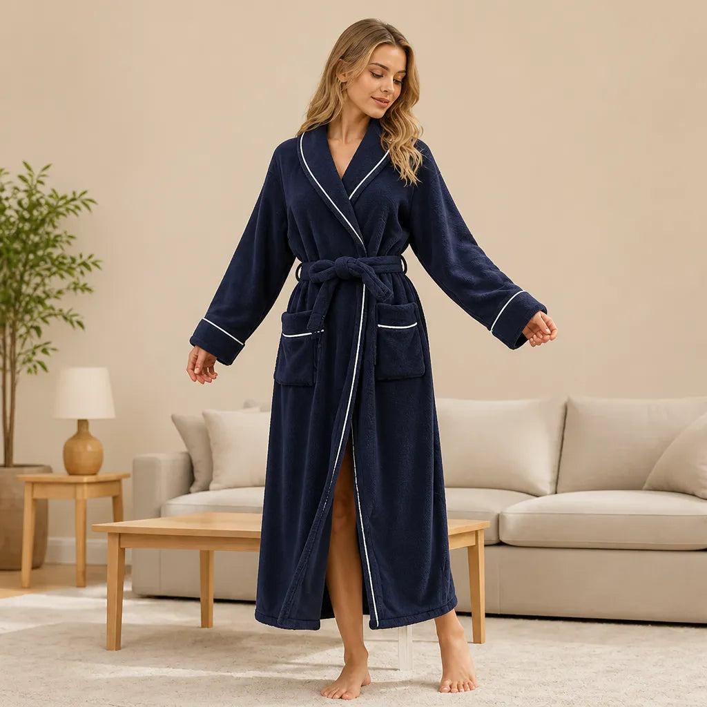 La boutique du peignoir Peignoir Femme Polaire - Long à Liseré, Bleu Marine