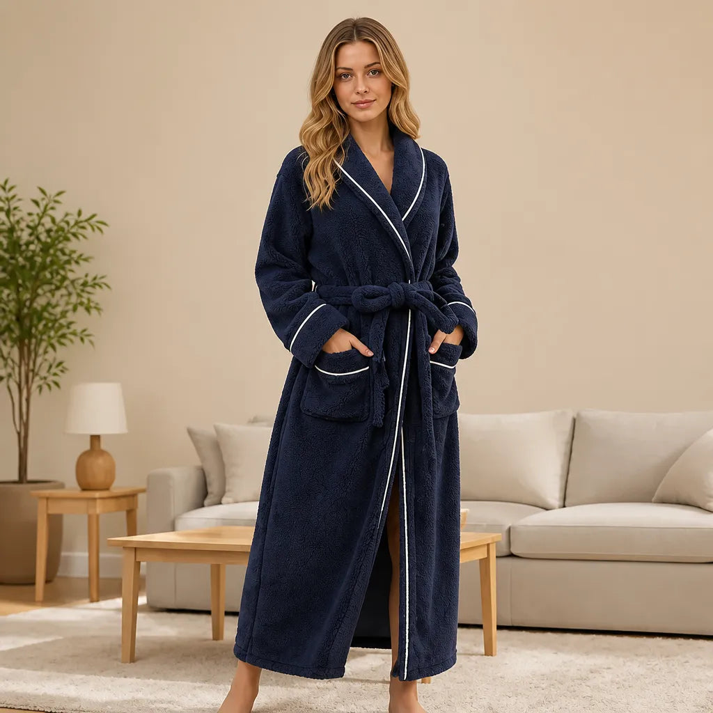 La boutique du peignoir Peignoir Femme Polaire - Long à Liseré, Bleu Marine