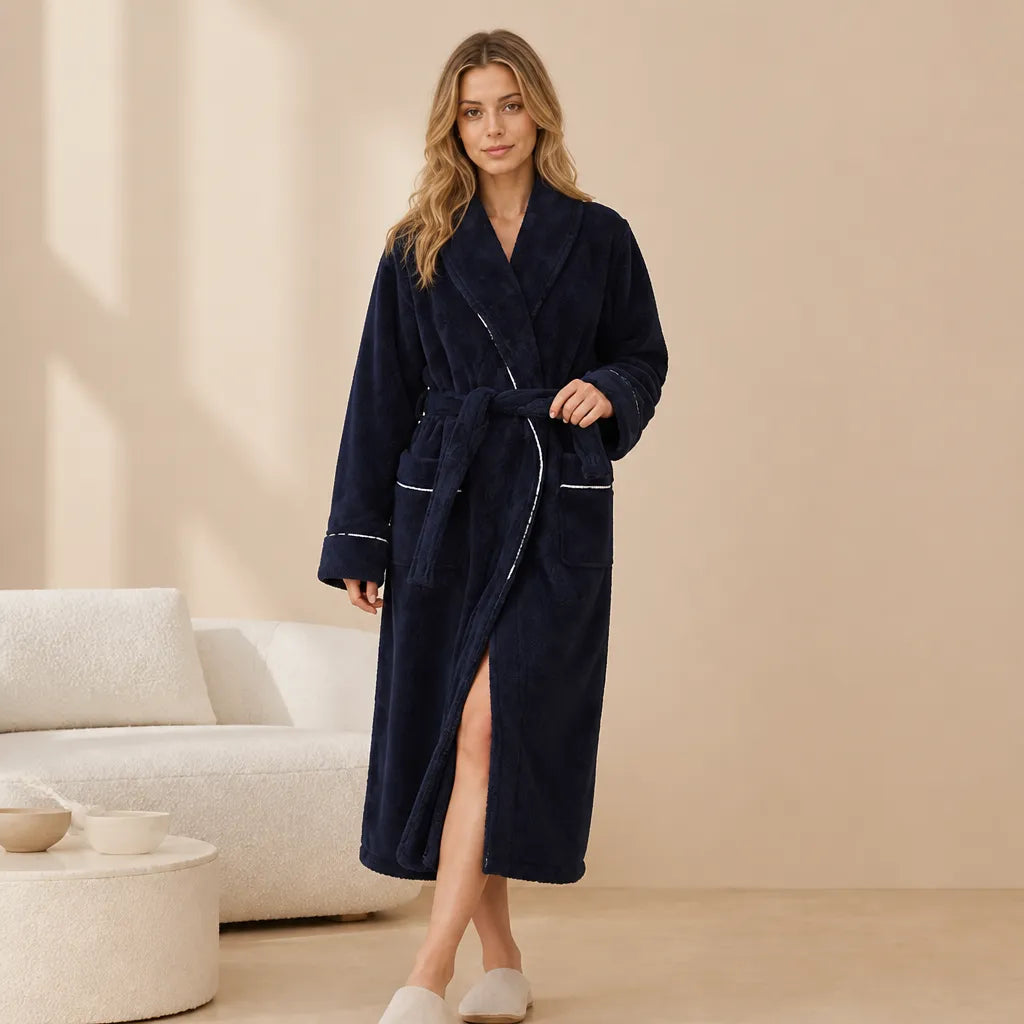 La boutique du peignoir Peignoir Femme Polaire - Long à Liseré, Bleu Nuit