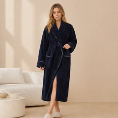 La boutique du peignoir Peignoir Femme Polaire - Long à Liseré, Bleu Nuit