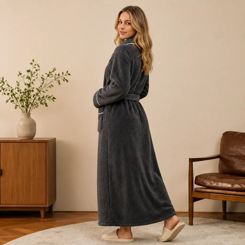 La boutique du peignoir Peignoir Femme Polaire - Long à Liseré, Gris Anthracite