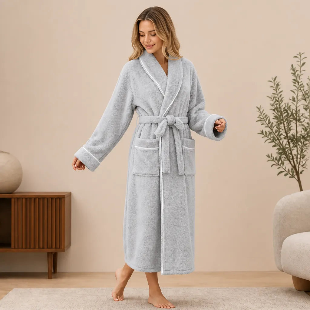 La boutique du peignoir Peignoir Femme Polaire - Long à Liseré, Gris Clair