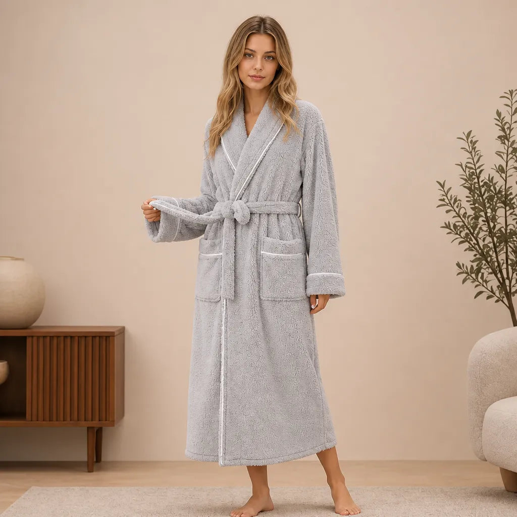 La boutique du peignoir Peignoir Femme Polaire - Long à Liseré, Gris Clair
