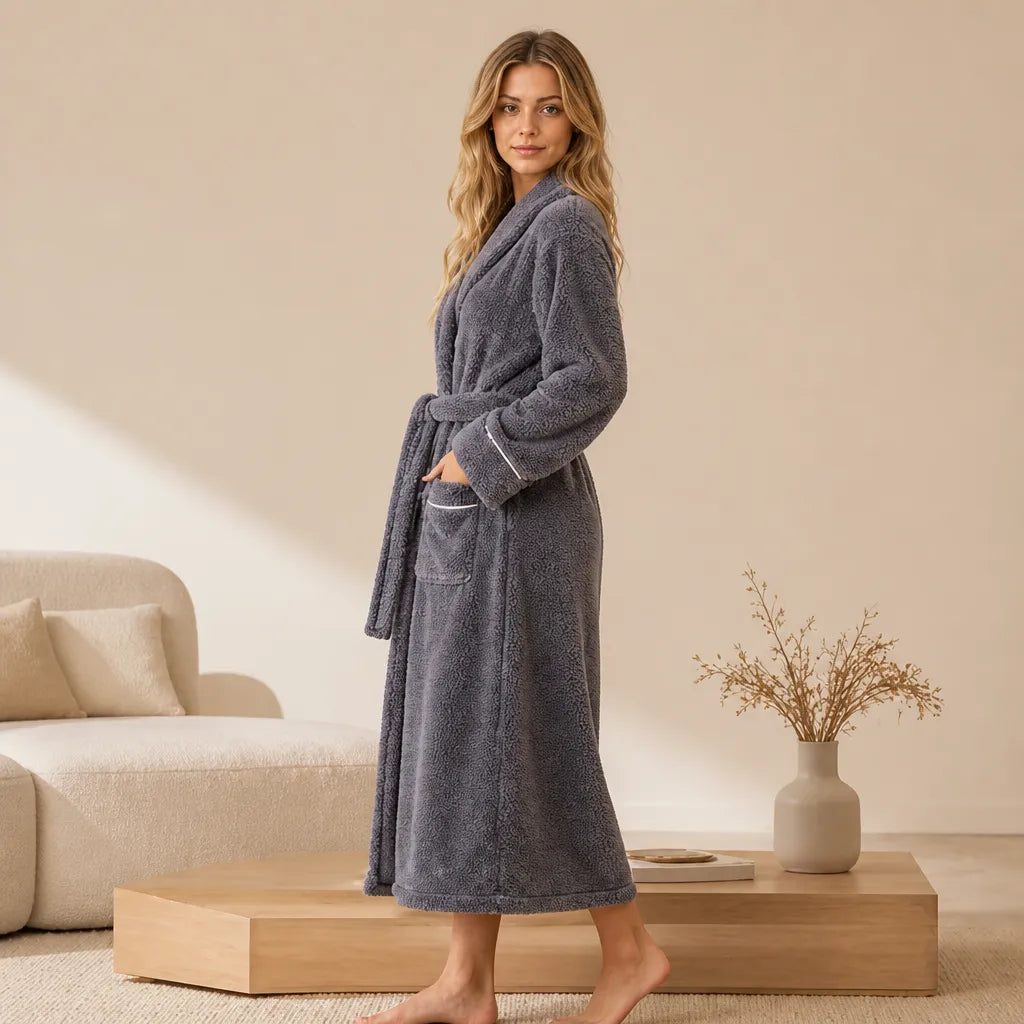 La boutique du peignoir Peignoir Femme Polaire - Long à Liseré, Gris Mauve