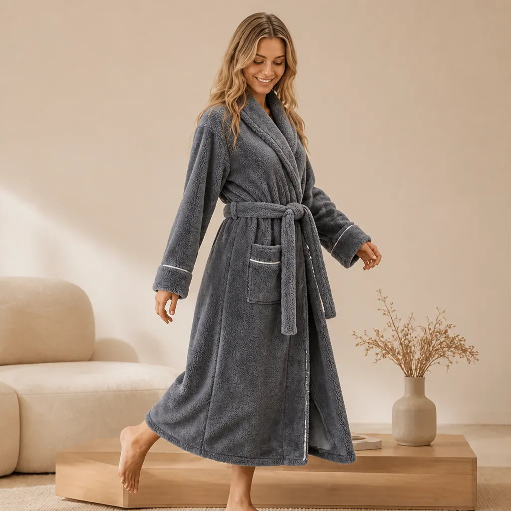 La boutique du peignoir Peignoir Femme Polaire - Long à Liseré, Gris Mauve