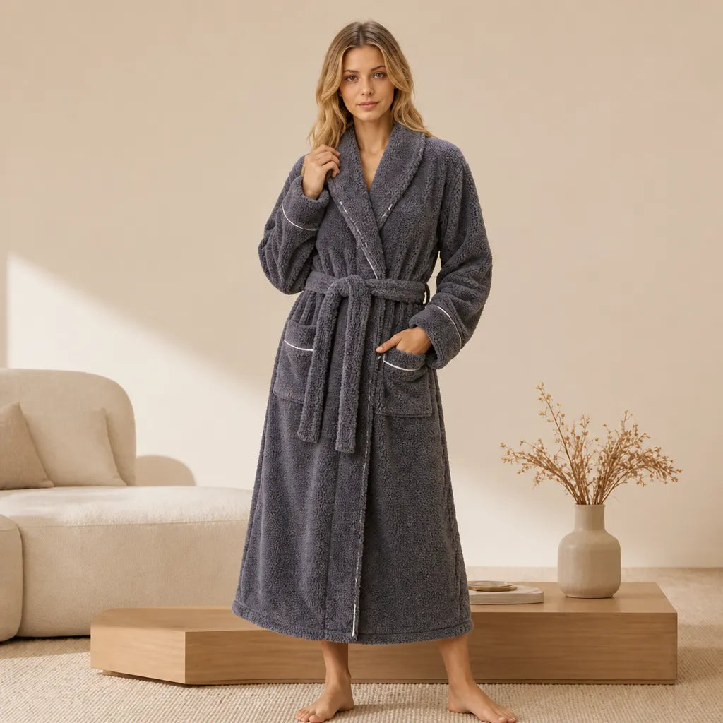 La boutique du peignoir Peignoir Femme Polaire - Long à Liseré, Gris Mauve