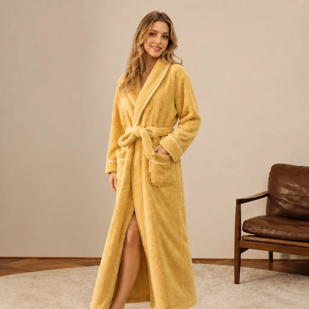 La boutique du peignoir Peignoir Femme Polaire - Long à Liseré, Jaune Moutarde