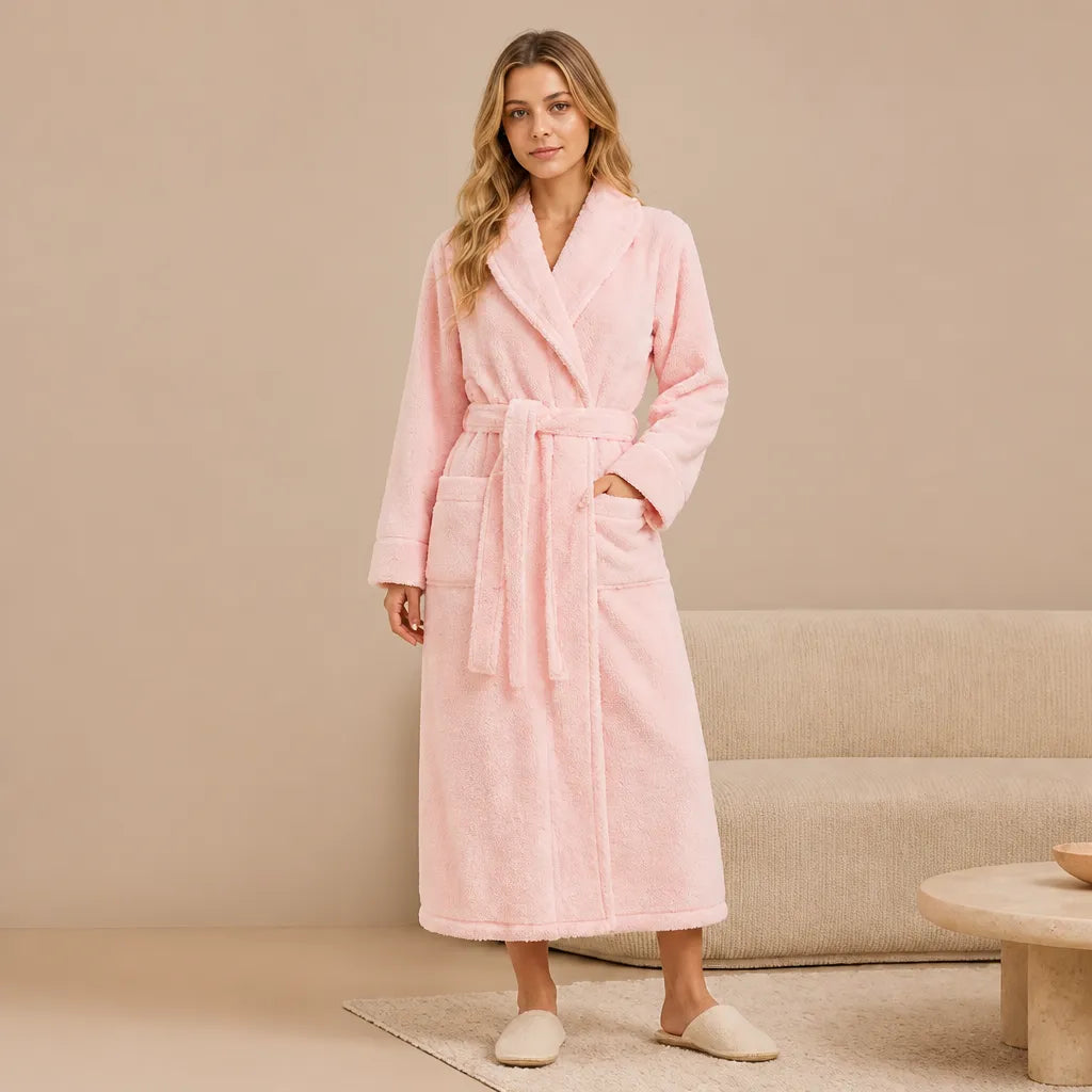 La boutique du peignoir Peignoir Femme Polaire - Long à Liseré, Rose Poudré