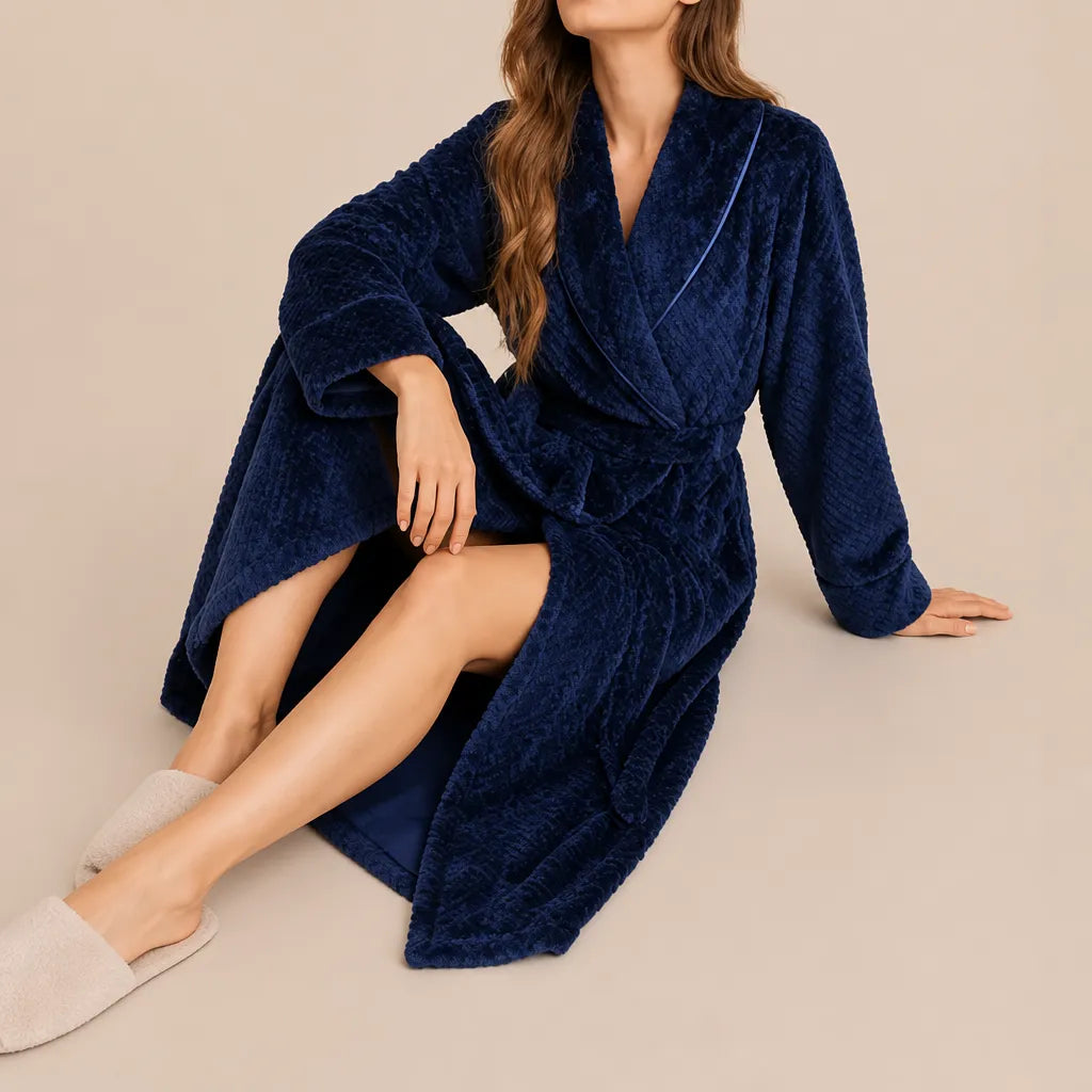 La boutique du peignoir Peignoir Femme Polaire - Long Gaufré, Bleu Marine