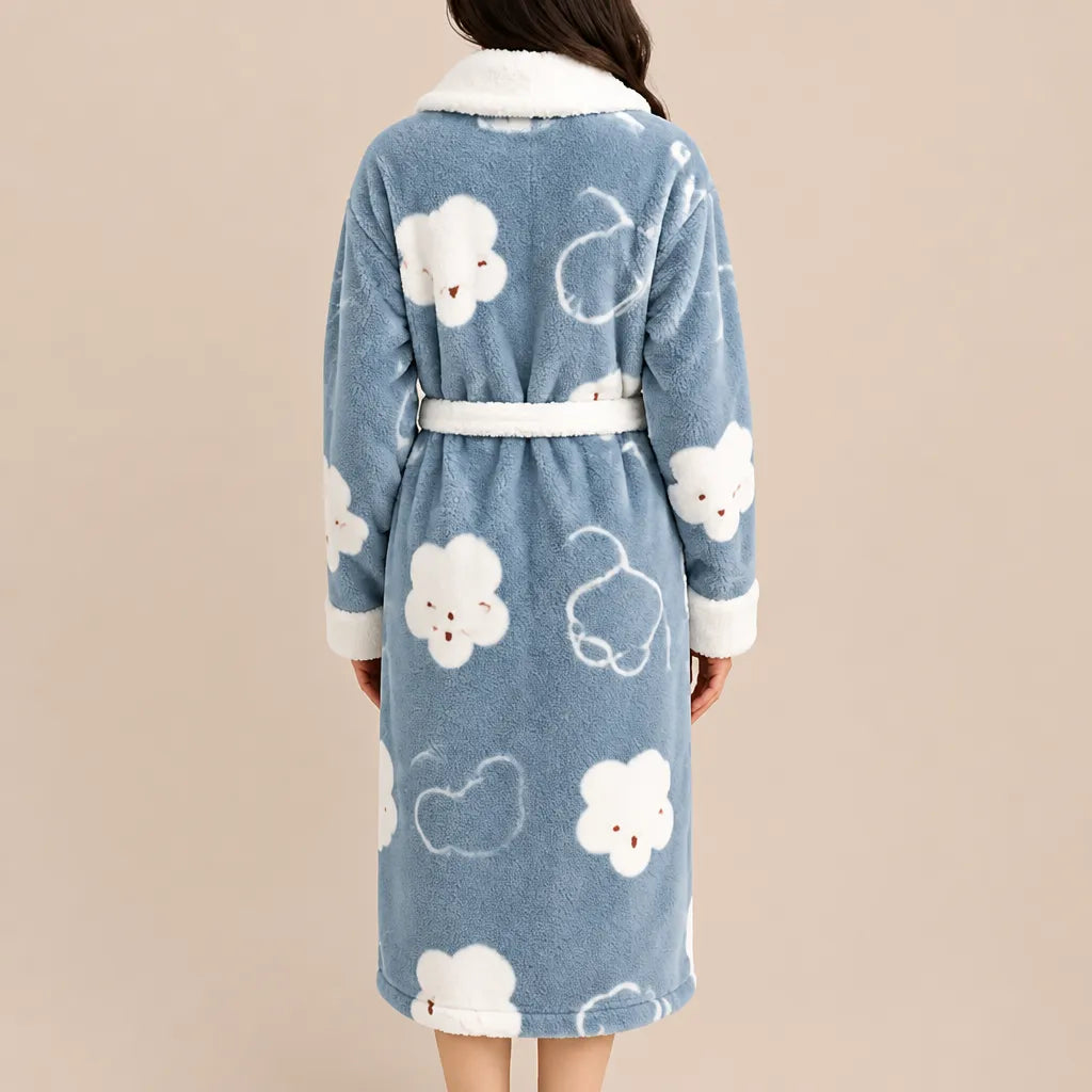 La boutique du peignoir Peignoir Femme Polaire - Texturé à Col Blanc, Bleu Ciel à Nuages