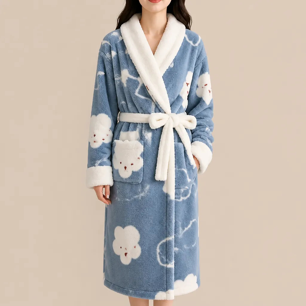 La boutique du peignoir Peignoir Femme Polaire - Texturé à Col Blanc, Bleu Ciel à Nuages