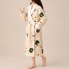 La boutique du peignoir Peignoir Femme Polaire - Texturé à Col Blanc, Écru à Fleurs Vertes