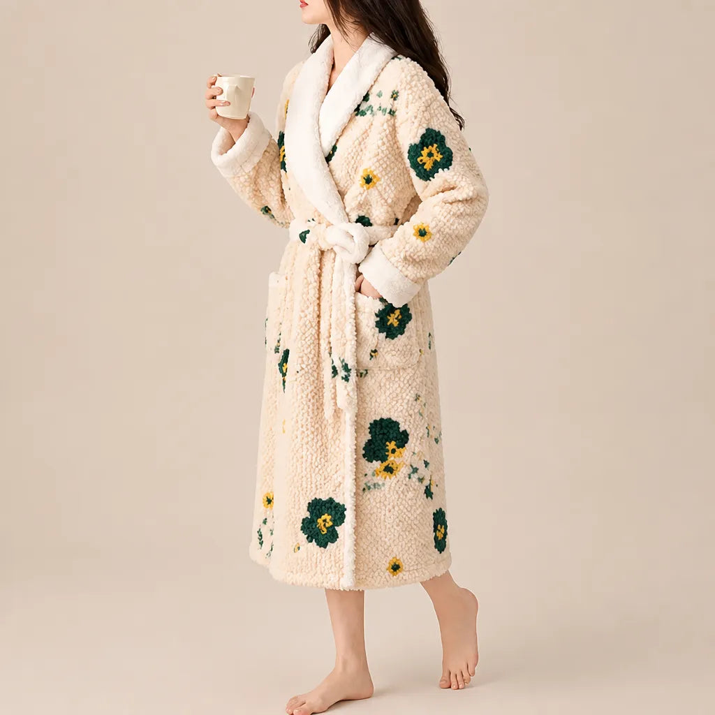 La boutique du peignoir Peignoir Femme Polaire - Texturé à Col Blanc, Écru à Fleurs Vertes