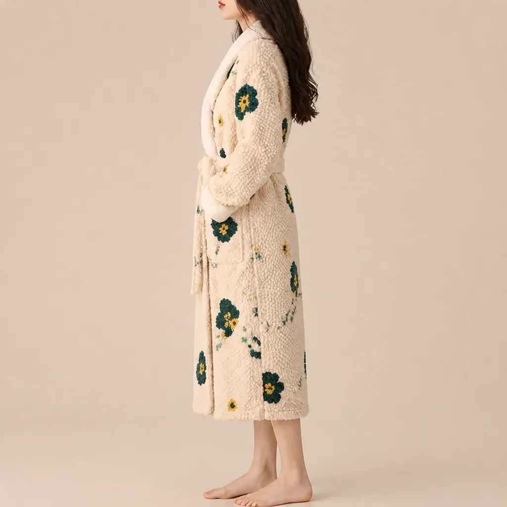 La boutique du peignoir Peignoir Femme Polaire - Texturé à Col Blanc, Écru à Fleurs Vertes