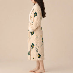 La boutique du peignoir Peignoir Femme Polaire - Texturé à Col Blanc, Écru à Fleurs Vertes