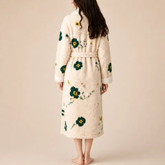 La boutique du peignoir Peignoir Femme Polaire - Texturé à Col Blanc, Écru à Fleurs Vertes