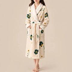 La boutique du peignoir Peignoir Femme Polaire - Texturé à Col Blanc, Écru à Fleurs Vertes