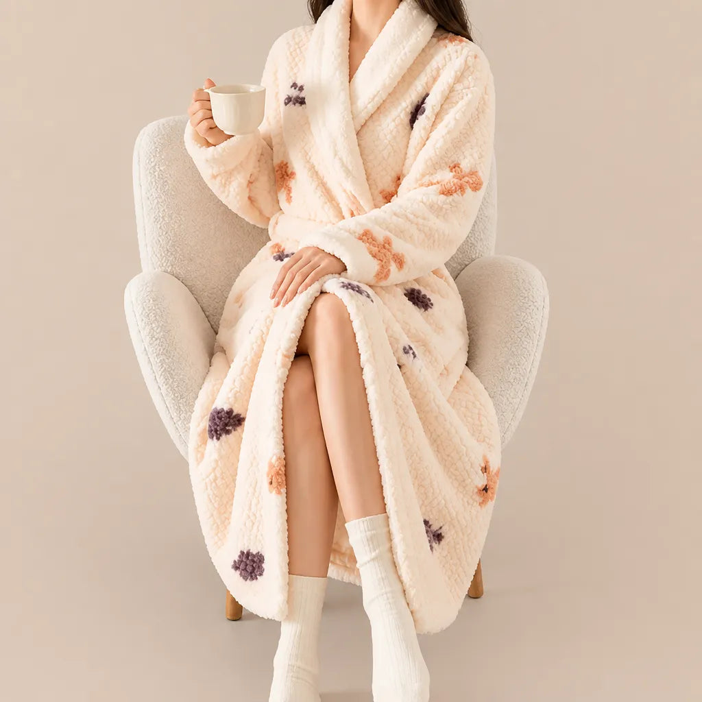 La boutique du peignoir Peignoir Femme Polaire - Texturé à Col Blanc, Écru à Oursons