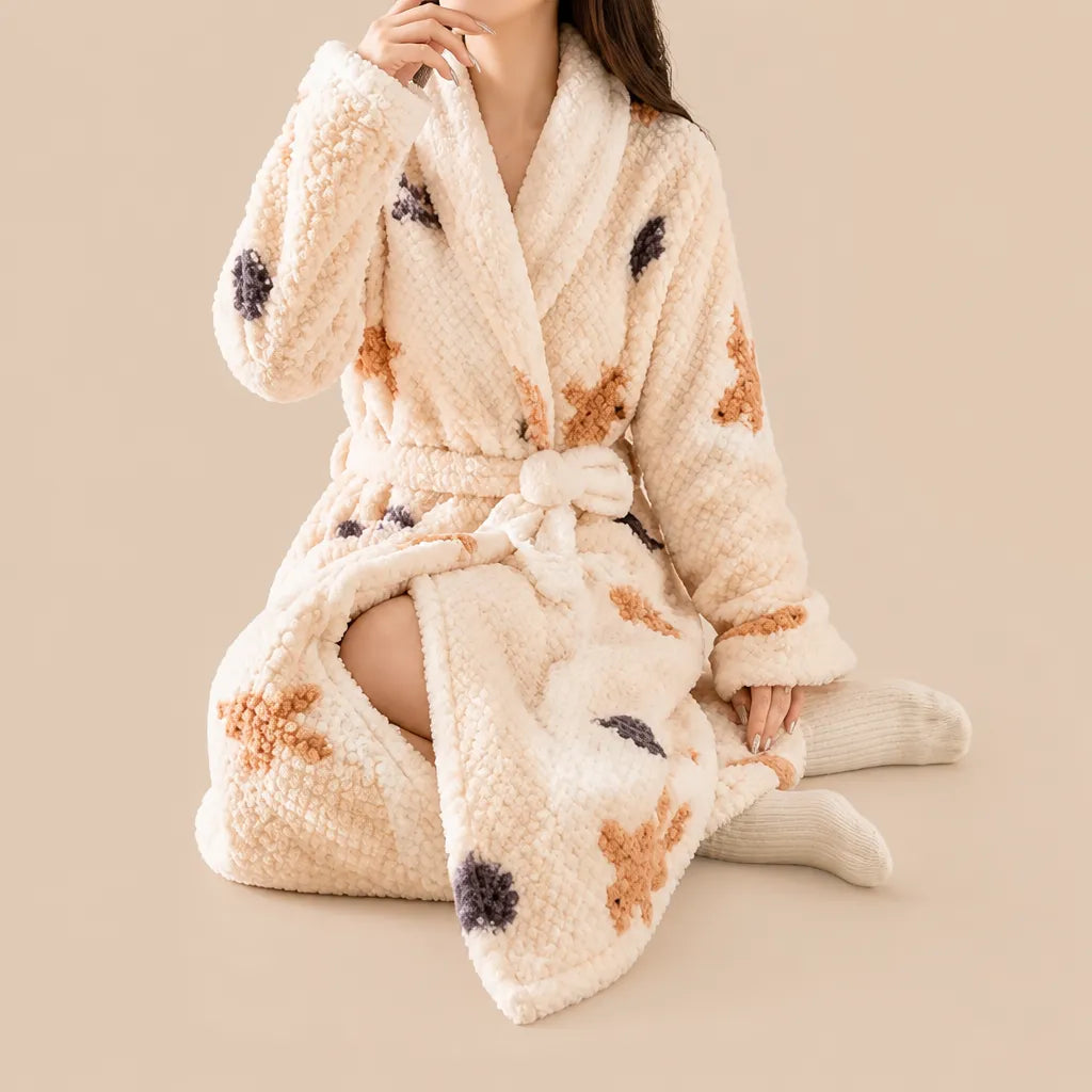 La boutique du peignoir Peignoir Femme Polaire - Texturé à Col Blanc, Écru à Oursons