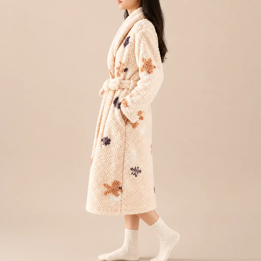 La boutique du peignoir Peignoir Femme Polaire - Texturé à Col Blanc, Écru à Oursons