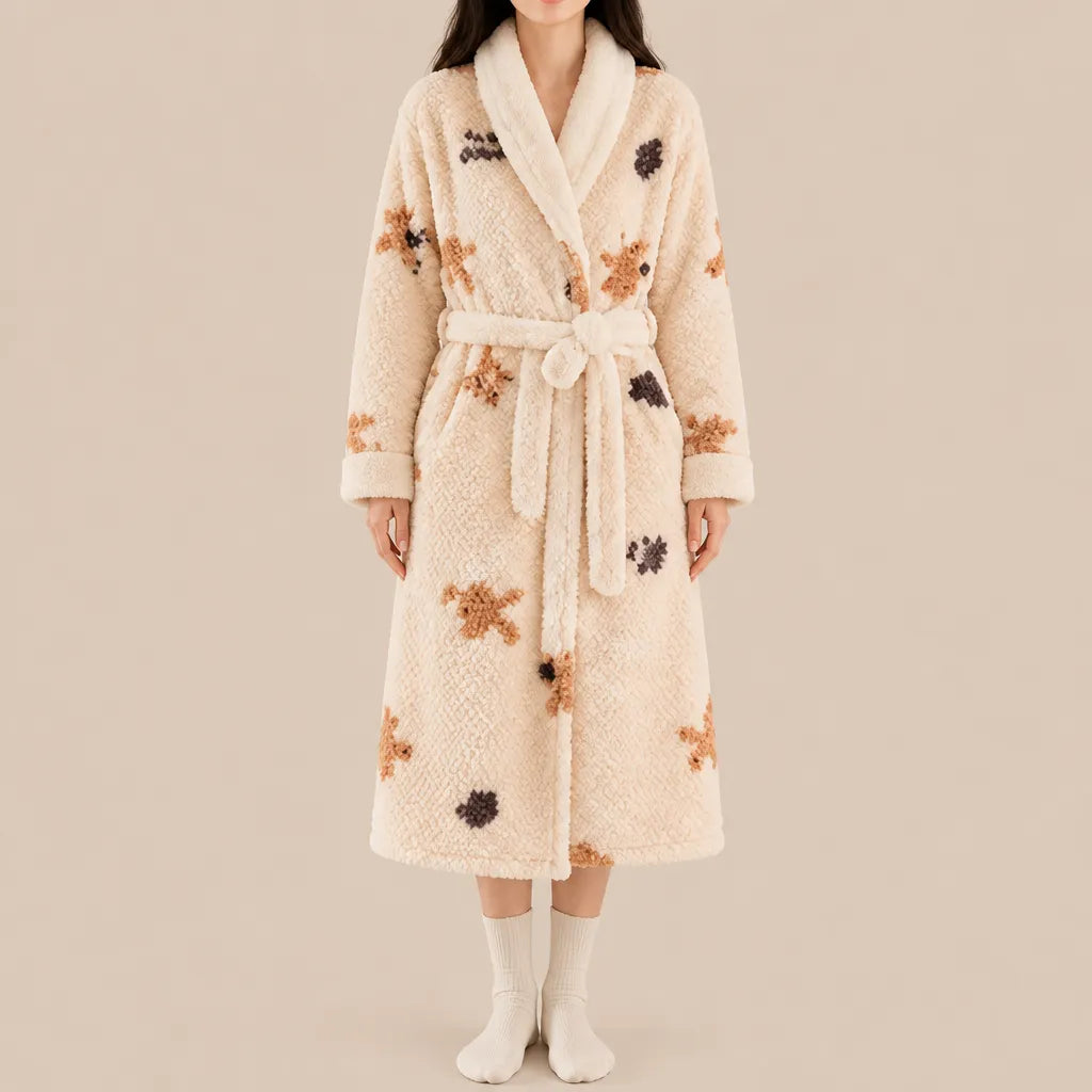 La boutique du peignoir Peignoir Femme Polaire - Texturé à Col Blanc, Écru à Oursons